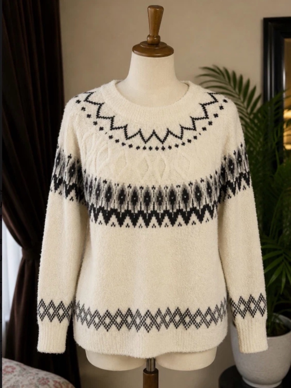J.Jill Petite L Cream Fair Isle Nordic Cable Knit Sweater